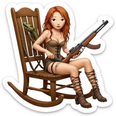 cinematic ultra HD Tori Amos casually crouches on a rocking chair in a torn corset, holding a shotgun and with muddy feet. a bronze snake wrapped itself around the chair sticker