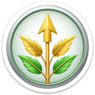 "A simple, strong, rounded arrow pointing upwards, encased within a circle made of two green, curved leaves. Use bright, contrasting colors (green and yellow/gold) for vitality. Minimalist 32x32 pixel emoji icon. Transparent background." sticker