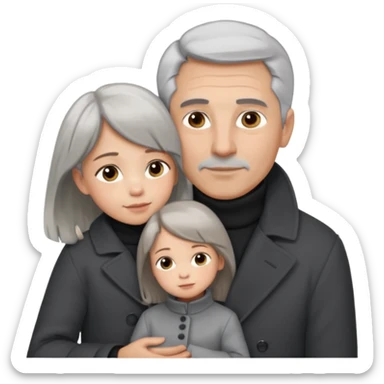 A father with silver-grey hair styled neatly and a clean-shaven face, wearing a dark turtleneck and wool coat, holding his girl child gently. The child has light brown hair and a soft white dress. Warm cinematic lighting, emotional close-up. sticker
