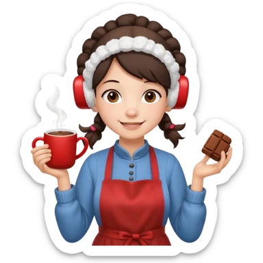 A cozy pig tail hair vendor with fluffy earmuffs, wearing apron handing out steaming cocoa with a warm smile. sticker