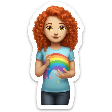 white girl with long red curly hair, wearing a rainbow cat shirt doing a pose sticker