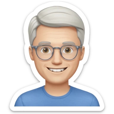 30 yr old pale white man, white/grey side swept stylish hair, round glasses, big smile, white teeth, handsome, longer hair, thin glasses, blue  shirt sticker