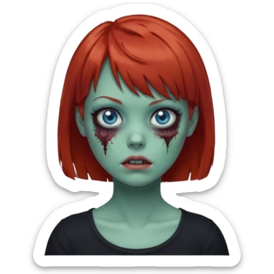 Zombie girl emoji with short red hair and bangs. Blue eyes, green skin, and a black top. sticker
