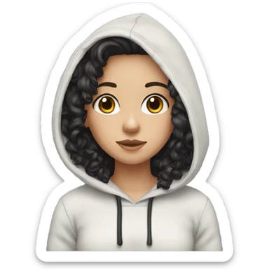white girl with black long curly hair and brown eyes in hoodie sticker