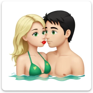 Blonde girl Green eyes Green Bikini whole body Kissing man black Hair blue eyes Hearts in Body Background sea sticker