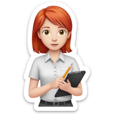 Intern or volunteer with red hair holding a clipboard and pencil, ready to take notes or assist. The character wears a simple shirt and has an eager posture sticker