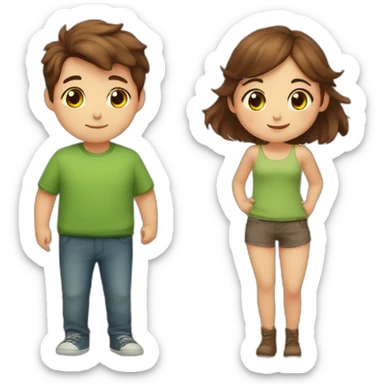Girl with brown eyes and brown hair kisses boy with brown hair and green eyes and hugs brown fat cats sticker