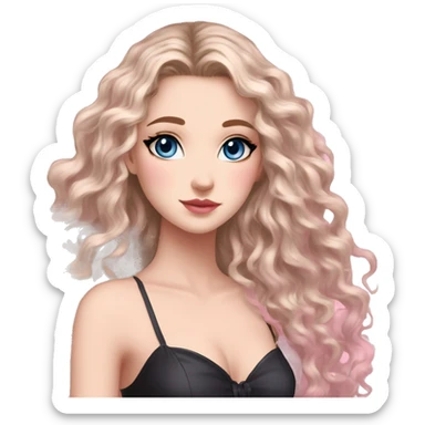 White girl 🧝🏻‍♀️, blue eyes, blond very long curly hair, pink lips, black arrows and brown eyeshadows, pink gradient sexy dress. Background long. Sakura levitate. sticker