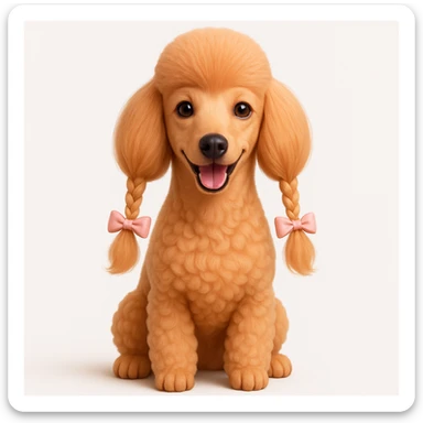 Peach-colored poodle with a narrow, short-haired face, hairstyle like Artemone. Long fluffy ears, each with a thin braid tied with a pink bow at the end. Happy face, smiling. 3D, realistic, alive. sticker