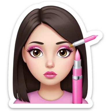 girl with lighter skin, dark brown long straight hair, pouty shiny lips with pink lip gloss, large eyes with eyelashes, pink blush on cheeks, inner eye highlighted with white eyeliner, lighter button nose, long oval-shaped face sticker