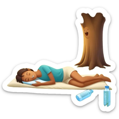 A glowing person stands in morning sunlight, breathing deeply on fresh grass. At their feet: a plate of whole foods, a water bottle, and supplements. Nearby, friends laugh under a tree, and a cozy bed glows in the background—symbolizing sleep, movement, nutrients, connection, and light. sticker