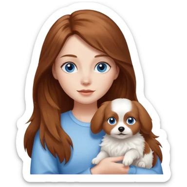long hair chestnut color blue eyes woman holding small just white dog sticker