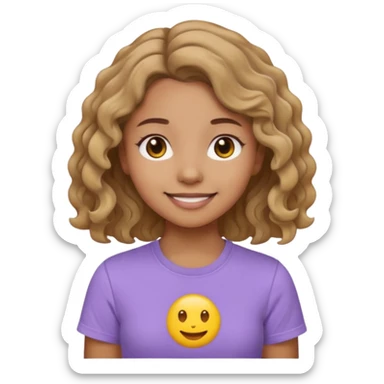 a girl with light brown skin tone, 2b wavy hair, wearing a lavender t-shirt, emoji style sticker