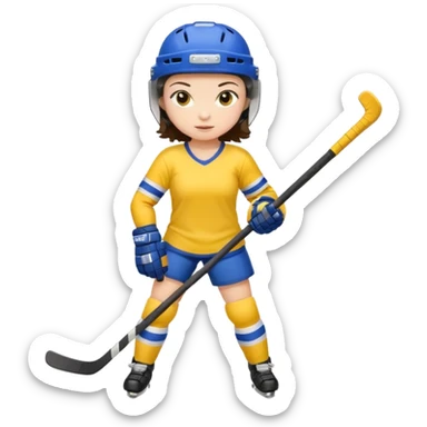Girl hockey player with yellow jersey full body brunette with helmet sticker