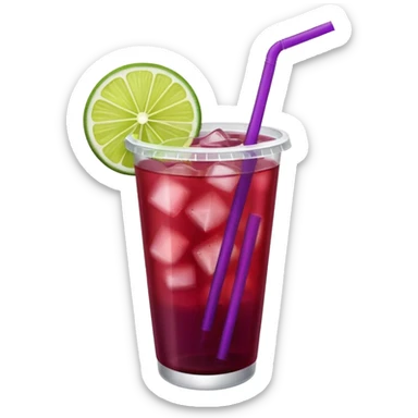 maroon purple cocktail with a lime wedge in the drink in a plastic cup with lid and straw  sticker