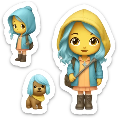 Cute little girl with light blue hair with peach skin, with yellow raincoat hooded with boots holding a shepherd staff, with a cross necklace, Sanrio design sticker
