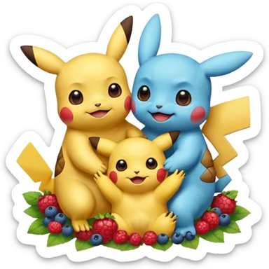 Two Pokémon are playing in a field. Pikachu has many berries, but Squirtle has none. Pikachu sees this is unfair, so he shares the berries with Squirtle. They smile and eat together. Show this as a cute Pokémon emoji scene about justice and fairness. sticker