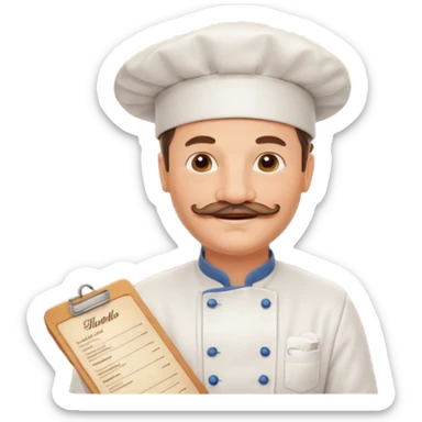 Est-ce que tu peux me faire un chef cuistot qui ressemble à Philippe Etchebest et qui est devant un restaurant? Est-ce que tu peux le faire souriant, avec une moustache de cuistot? 
 sticker