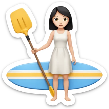 Princess who wearing white dress (woman) black hair holding her phone and long shovel with another hand. She is standing on her feet, there is one blue surfing board. sticker