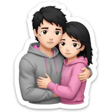generate a pretty bratz fair skinned boy with messy black hair in a grey hoodie. Hugging his girlfriend who is wearing pink. Make him muscled. Boy in grey hoodie, girl in pink sticker