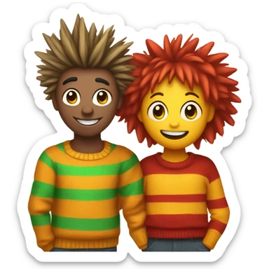 two cheerful characters inspired by Bert and Ernie. Bert is yellow with spiky hair, a unibrow, and a green-striped sweater. Ernie is orange with messy hair, a red nose, and a red-striped sweater. They’re smiling, with Ernie’s arm around Bert sticker