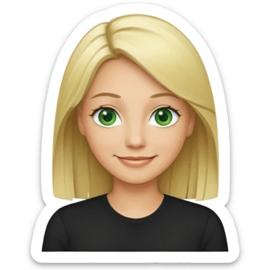 40 yr old blonde straight hair green eyes black shirt smiling sticker