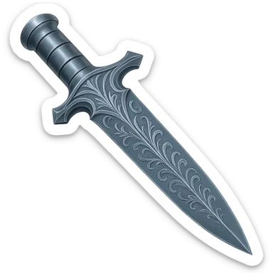 Recolor this weapon to match the blueish-gray steel color and ornate engravings of the reference helmet. Emphasize the cool metallic finish and detailed engravings, matching the helmet exactly. Transparent background. The style should reflect a cool metallic look with detailed engravings as seen in the helmet reference. sticker