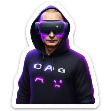 Vladimir Putin wearing a black hoodie with "OMG" letters on it and VR headset oculus quest 2 in a cyberpunk VR environment with violet neon lighting. sticker