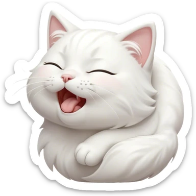 Cinematic Cute Yawning White Cat Portrait Emoji, Head gently tilted with an endearing, wide-open yawn and softly closed eyes, showcasing a pristine white fur with delicate hints of silver, simplified yet irresistibly adorable, highly detailed, glowing with a tender, cozy radiance, high shine, exuding sleepy charm and gentle affection, styled with a soft glowing outline, capturing the essence of a white cat caught mid-yawn, radiating pure, adorable lethargy! sticker