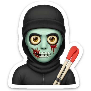 Zombie Emoji AppleIOS Style, Black Hair, SkiMask on Sideways Head, and Black shirt sticker