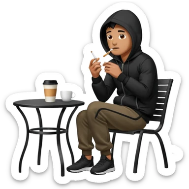 A man sitting on a chair, wearing a black puffed coat with hood and jogging pants, he is smoking a cigaret and drinks a coffee, he is freezing outsider, he is on a chair, the chair is an outside coffe terrasse black metal chair sticker