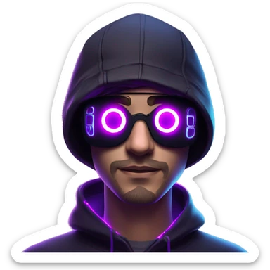 Russian man wearing a black hoodie with "OMG" letters on it and VR headset in a cyberpunk VR environment with violet neon lighting. sticker