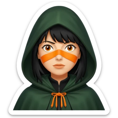 traitor tv show, person wearing dark green cloak with hood up who looks like claudia winkleman orange skin tone and thick black fringe sticker