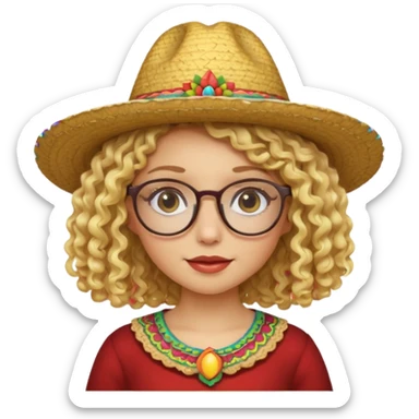 blonde girl with curly hair and glasses with a Mexican hat sticker