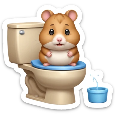 Cute chubby cartoon-style hamster sitting on toilet pooping looking as if he had an accident sticker