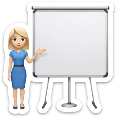 A clean emoji-style illustration of a person giving a presentation, standing next to a large presentation board on a stand, board empty and white, no podium, no desk, no table, friendly proportions, soft 3D emoji style sticker