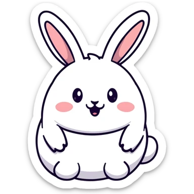 A chubby bunny in perfect Sanrio style like Hello Kitty, ultra simplified design, huge round head, tiny eyes and mouth, no nose, pastel colors, soft round shapes, tiny spikes, adorable expression, clean bold black outline, kawaii sticker