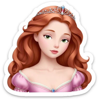 Cinematic Elegant Sleeping Beauty Portrait Emoji, rendered in a realistic, vector-style with minimal shading and bold, simplified shapes. Depict Aurora (Sleeping Beauty) (chest and above) with delicate porcelain skin, soft auburn hair styled gracefully, and gentle, dreamy eyes, dressed in her classic pink gown. The image glows with a soft, enchanting radiance and high shine, capturing timeless regal beauty. sticker