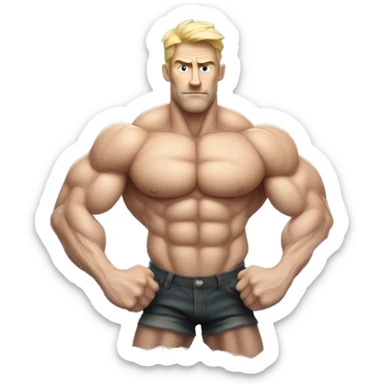 A very very very hyper-muscular white man with veins prominently visible across his arms and chest. The individual has an exaggerated physique, with massive arms crossed over a well-defined six-pack, creating a surreal and intense visual. sticker