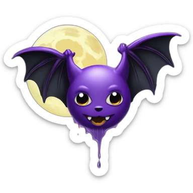 purple black vampire bat wings flying in front of large dripping crescent moon sticker