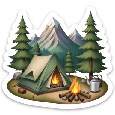 Icon for Hiking: a tent, and a kettle over a campfire, surrounded by trees and a mountain trail, a backpack, a walking stick. The icon should capture the adventure and warmth of camping. Transparent background. sticker