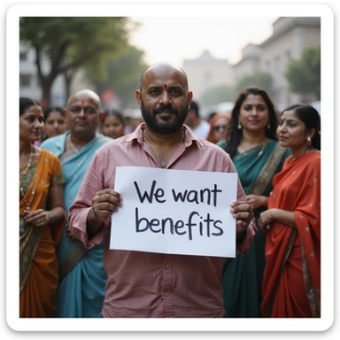 group of indian customers holding a board written "We want benefits" sticker