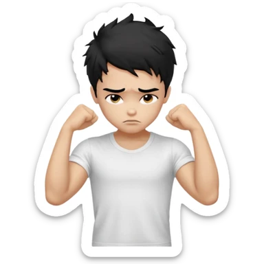 a PRETTY BRATZ boy with black messy hair, one hand on head. looking sad. lean biceps sticker