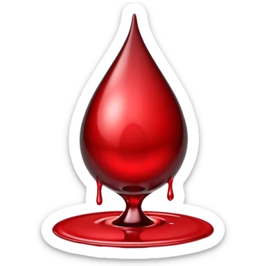 single blood drop emoji sculpted from dark liquid metal, glossy surface, dramatic reflections, futuristic minimal 3D style, isolated on white sticker