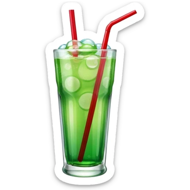 Create an emoji with a clear rounded glass, bright transparent green soda with fine bubbles, a smooth vanilla scoop, a glossy red cherry, and a black straw, using vibrant colors, soft shading, and clear glass highlights.
 sticker