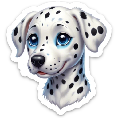 Cinematic Cute Spotted Dalmatian Portrait Emoji, Head tilted playfully and inquisitively, featuring a glossy Fur of predominantly white with dynamic black patches, round, sparkling blue eyes filled with gentle curiosity, Simplified yet irresistibly adorable features, highly detailed, glowing with a warm, friendly glow, high shine, affectionate and gentle, stylized with a touch of whimsy, bright and endearing, soft glowing outline, capturing the essence of a mischievous yet loving pup, so playful it feels like it could lumber out of the screen and into your arms! sticker