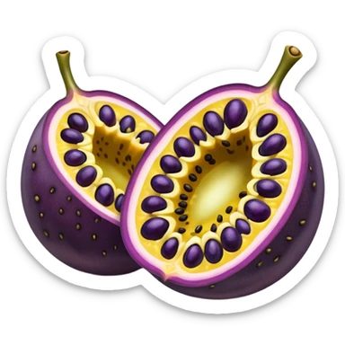 whole round purple passion fruit with slightly wrinkled matte skin next to a halved piece exposing vibrant yellow pulp filled with glossy black seeds juicy jelly-like texture bold contrast between rind and interior no leaf spoon or extras soft lighting subtle shadows emoji scale sticker