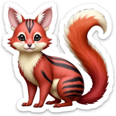  hyper-realistic sanguine-red black-streaked natural realistic divine beautiful elegant pretty precious cute young youthful  Fakémon-Pokémon-alien-opossum-squirrel-feline-serval-caracal-chinchilla-Minccino-hybrid-creature with a big fluffy bushy tail (full body) sticker