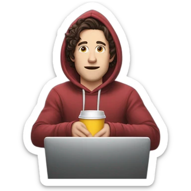 Bighead josh brener from silicon valley in hoodie sittin on a computer chair holding a big gulp sticker