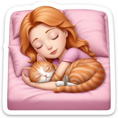 gray tabby kitten sleeping with strawberry blonde girl in pink bed sticker